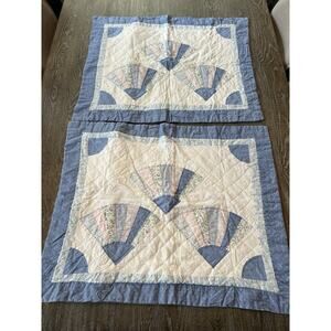 VTG Quilted Patchwork Pillow Shams Set Of 2 Hand Stitched Queen Fan Print